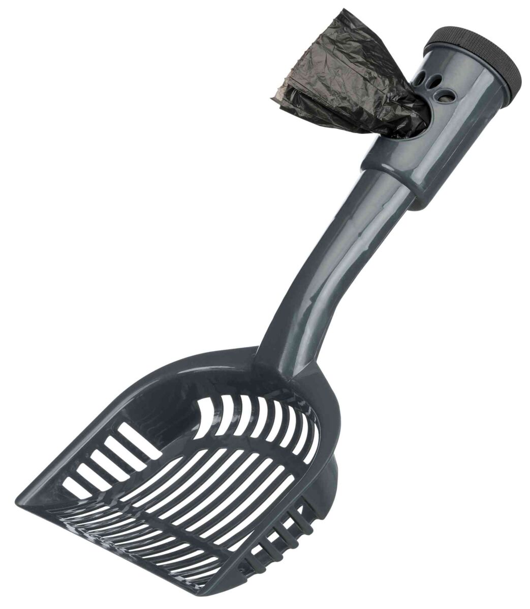Schaufel mit integriertem Handgriff in Schwarz, mit eingestecktem schwarzen Beutel im Griffhalter.