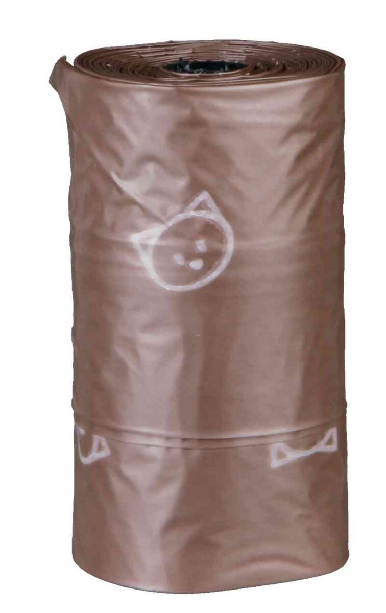 Braune Rolle aus Kunststoff mit Katzenmotiv-Aufdruck in Weiß, aufgerollt und stehend dargestellt.