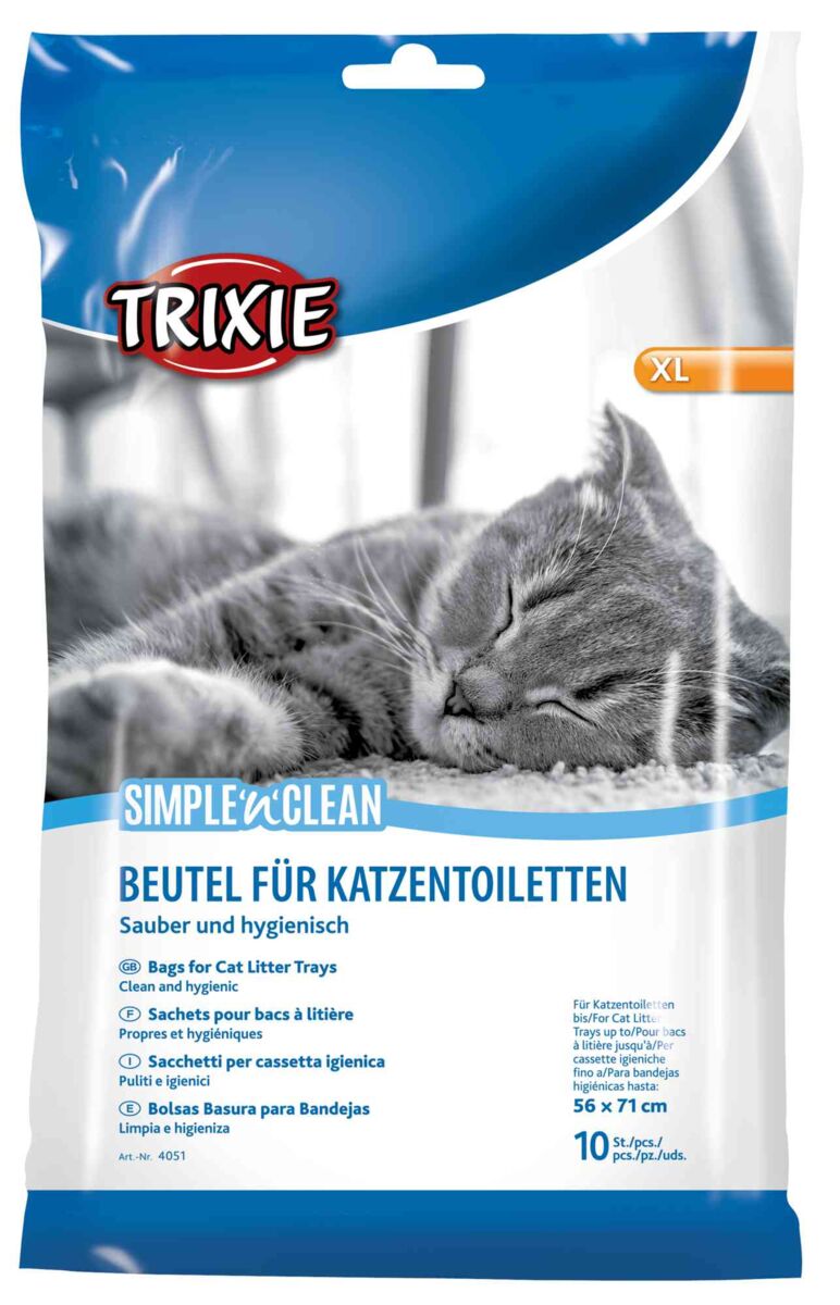 Verpackung mit schlafender grauer Katze, blauer Aufschrift "BEUTEL FÜR KATZENTOILETTEN", Marke "TRIXIE".