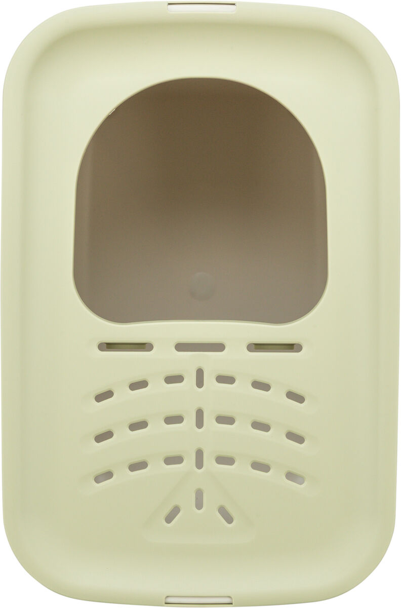 Beige Abdeckung mit ovaler Öffnung und belüfteten Schlitzen, möglicherweise Teil einer Katzentoilette.