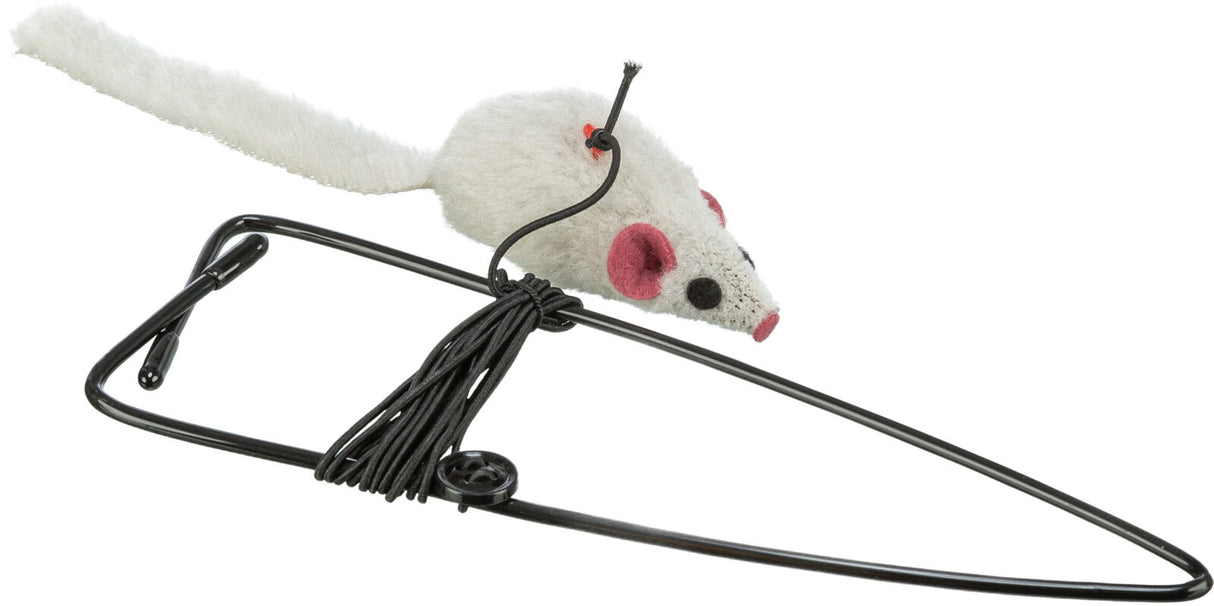 Spielzeug mit weißer Stoffmaus mit rosa Details und schwarzer Metallhalterung, befestigt mit Schnur.
