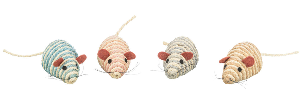 Vier geflochtene Spielzeugmäuse aus Naturmaterialien in Blau, Rosa und Naturfarbe mit langen Schwänzen.