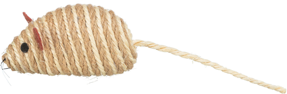 Spielzeugmaus aus beigem Seil mit rotem Filz auf Kopf und Schwanz, schwarzem Auge und Schnurrhaar.