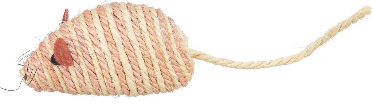 Spielzeug in Form einer Maus aus geflochtenem Seil mit braunen Ohren und Schnur als Schwanz.