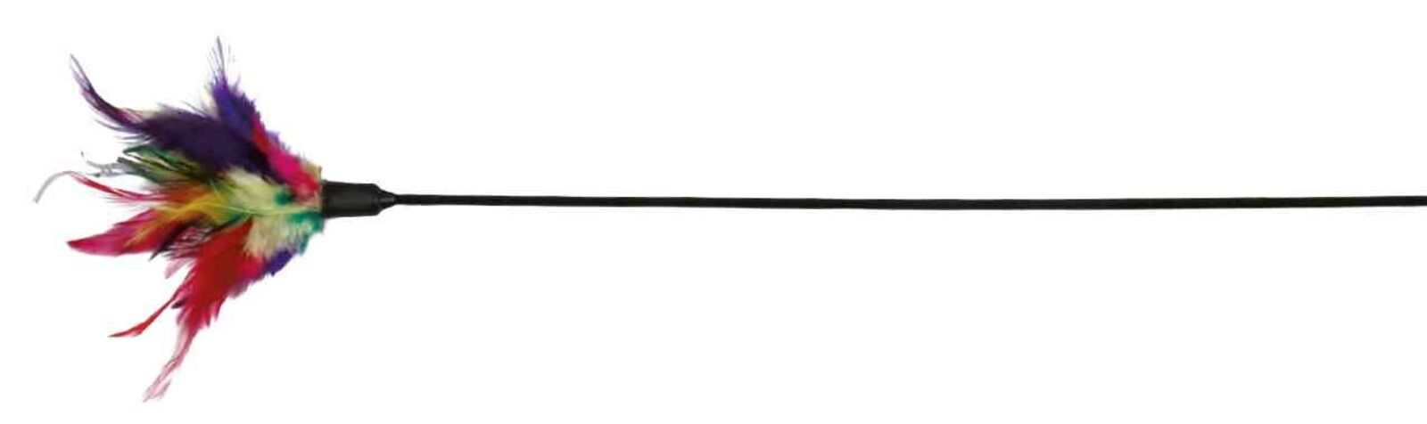 Langer Stab mit bunten Federn am Ende, hauptsächlich in Blau, Rot, Grün und Gelb.