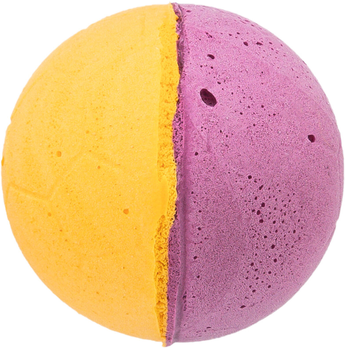 Zweifarbiger Ball in gelb und lila, mittig geteilt, mit strukturierter Oberfläche und kleinen Löchern.