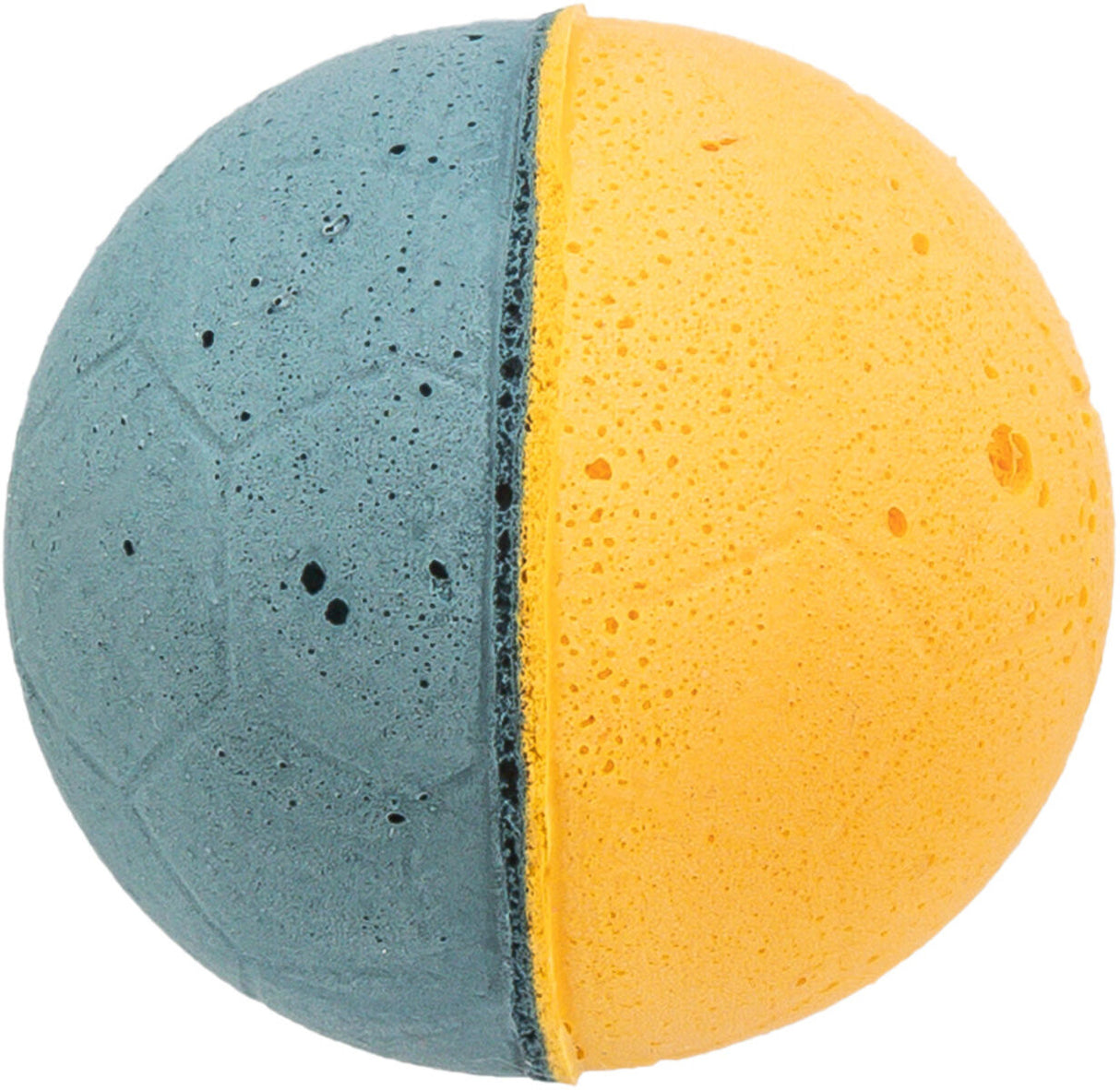 Zweifarbiger Ball mit rauer Oberfläche, linker Bereich blau-grau, rechter Bereich gelb.