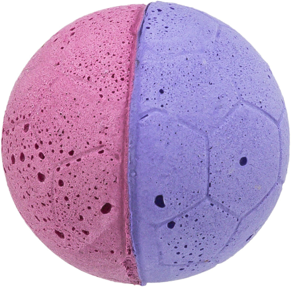 Kugel aus porösem Material, halb pink, halb lila, mit Oberflächenstrukturen und kleinen Löchern.