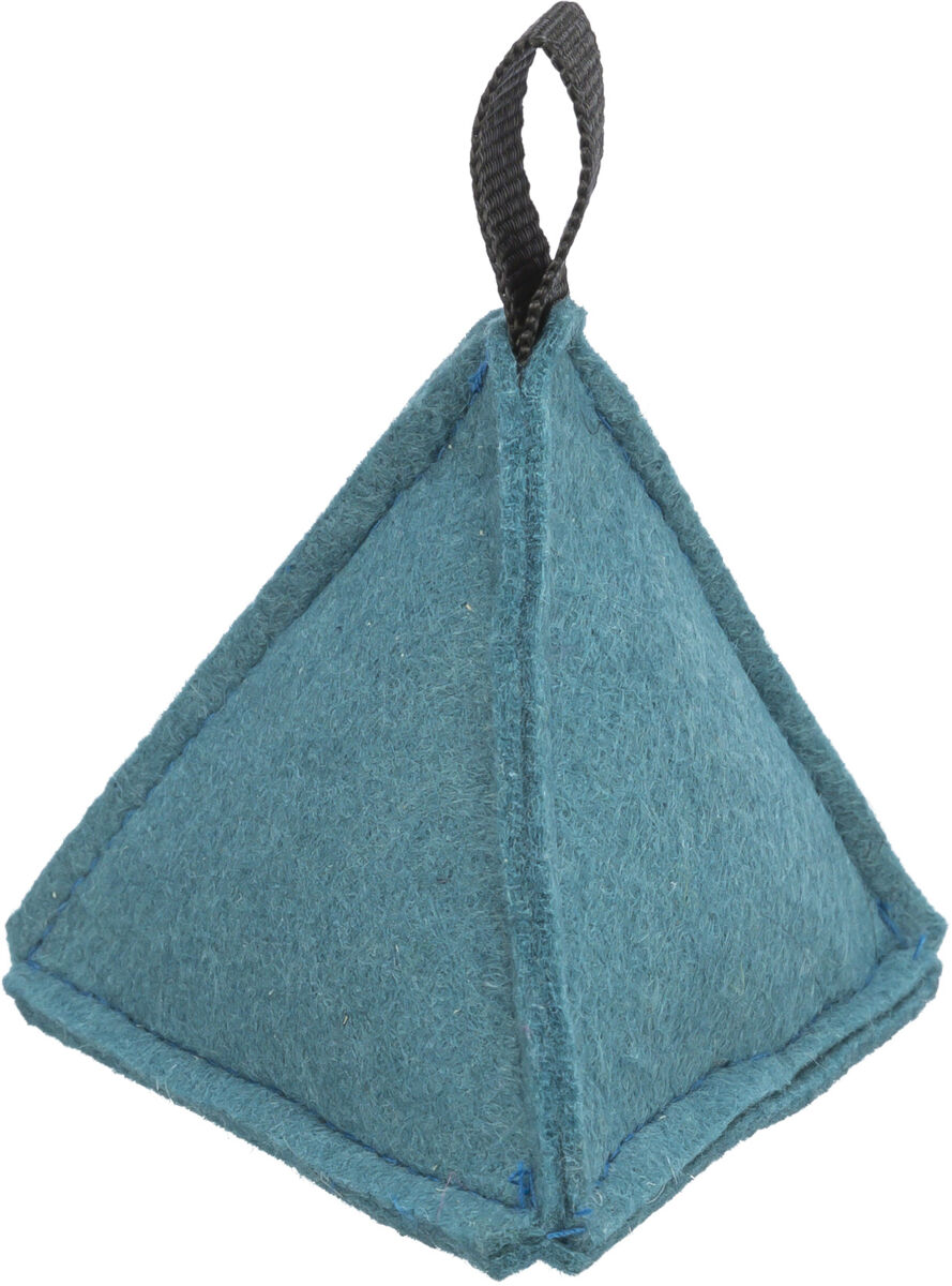 Blaue pyramidenförmige Filztasche mit schwarzer Schlaufe an der Spitze.