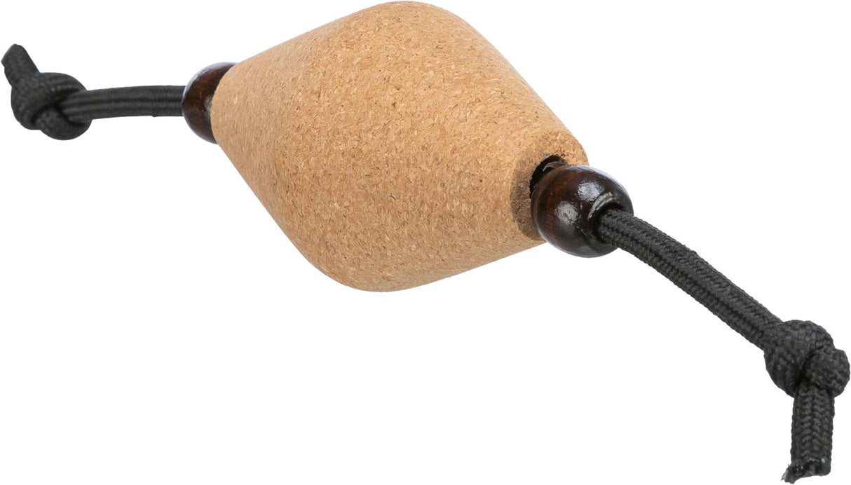 Korkzylinder mit dunklen runden Endstücken und schwarzer Schnur an beiden Seiten, Knoten am Ende der Schnur.