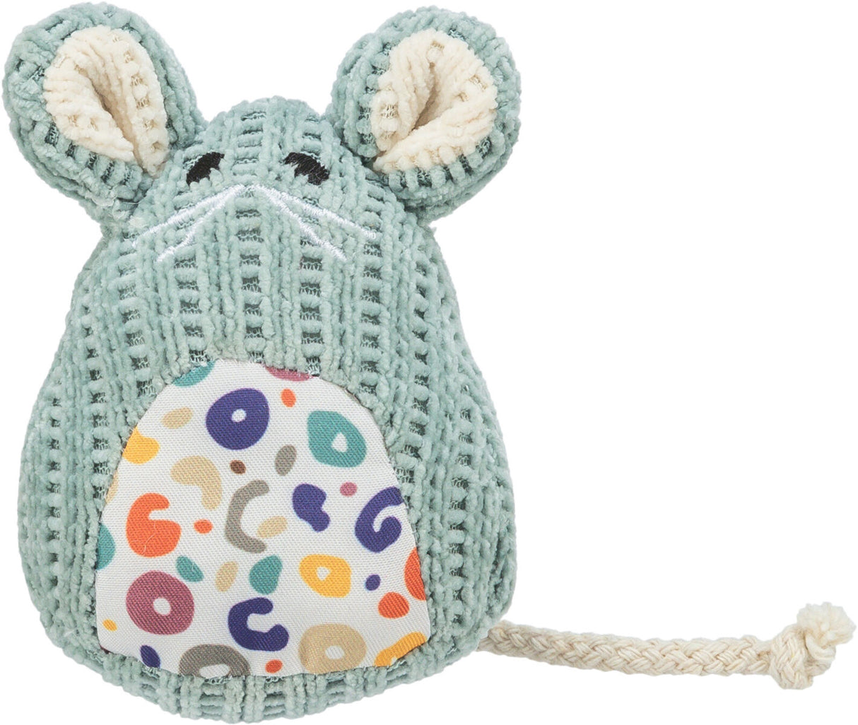 Spielzeug in Form einer Maus mit hellgrünem Körper, gemustertem Bauch und langen Ohren aus weichem Material.