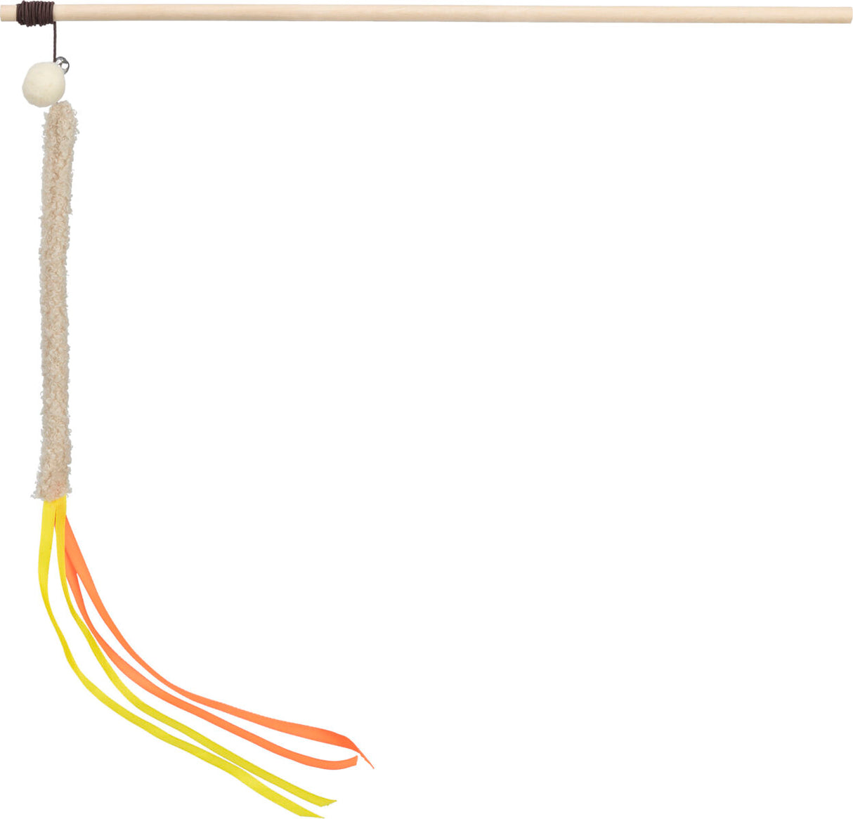 Stab mit langem Stoffanhänger und bunten Bändern in Orange und Gelb, oben an einer Kugel befestigt.
