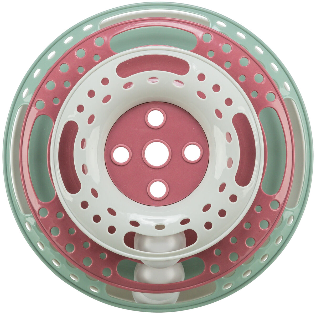 Kreisförmiges, gestapeltes Objekt in Rosa, Weiß und Grün mit zahlreichen runden und ovalen Aussparungen.