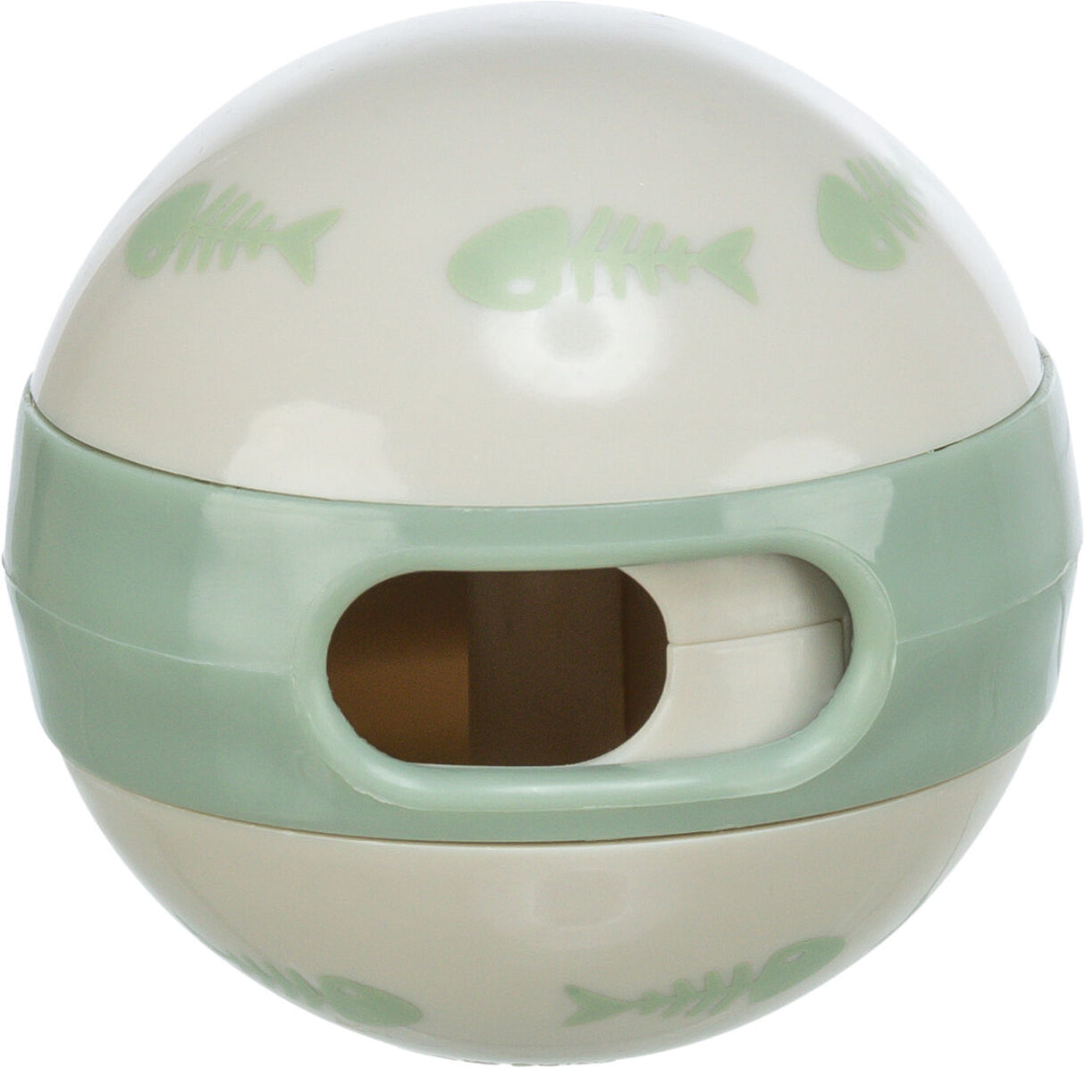 Runde, beige Kunststoffkugel mit grünen Fischgrätenmotiven und einem offenen Schlitz in der Mitte.