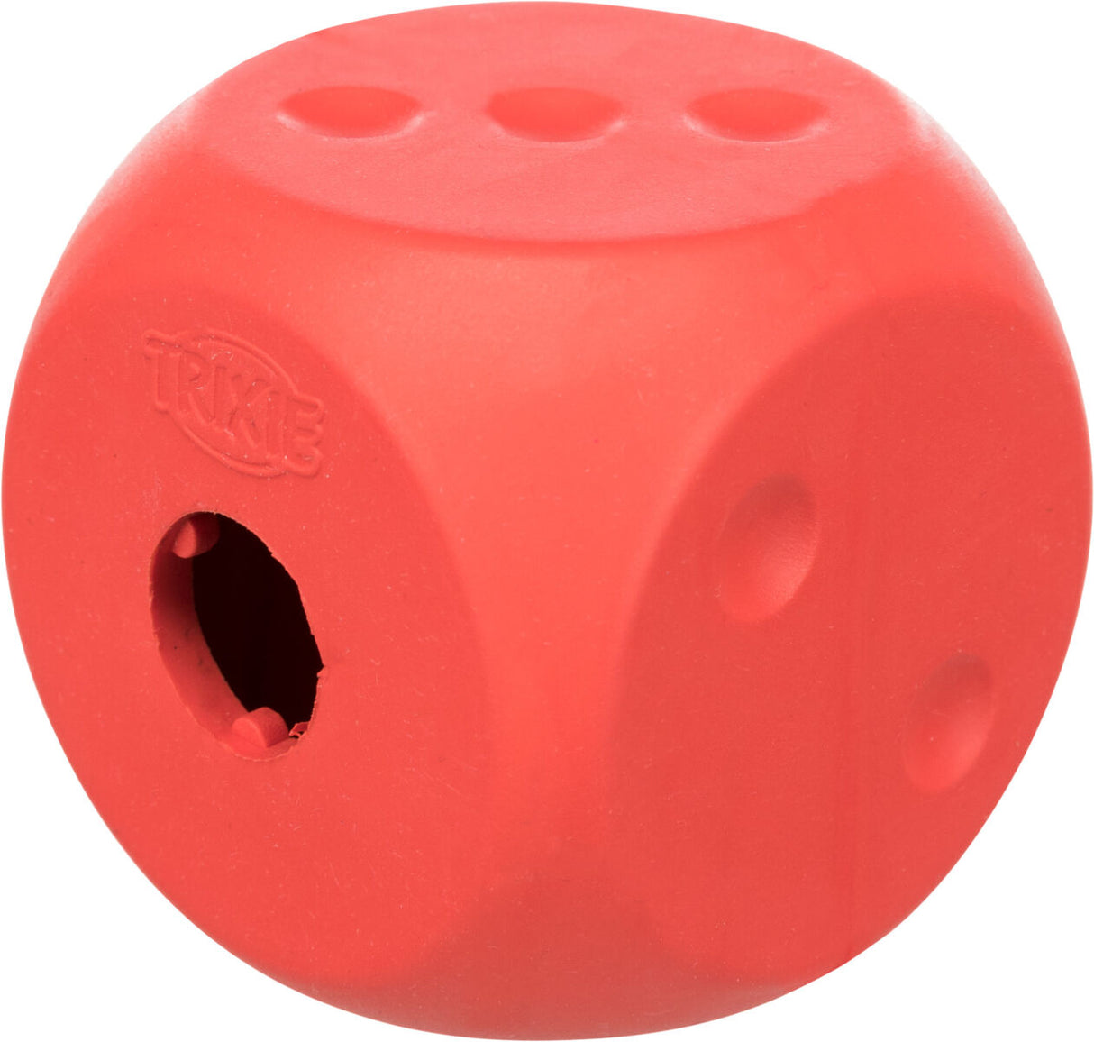 Roter Würfel mit abgerundeten Kanten und sichtbarem Loch, strukturierte Oberfläche.