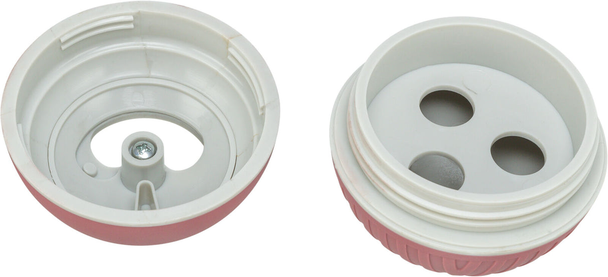 Zwei auseinandergebaute Deckelteile aus Kunststoff in Weiß und Rosa mit runden Öffnungen und Schraubverbindung.