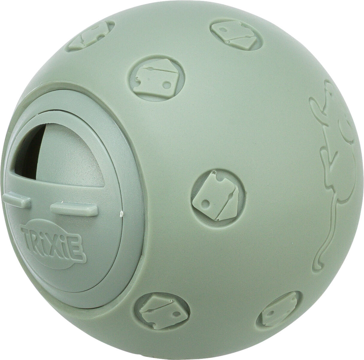 Grüne Kugel mit Prägungen von Mäusen und Käse, seitlicher Schiebeverschluss mit "Trixie"-Logo.