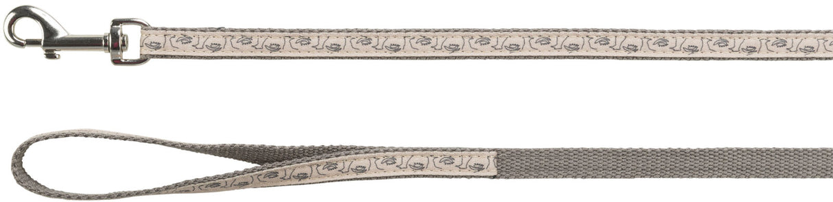 Leine mit Metallkarabiner, beiges und graues Design mit kleinen Hundemotiven, sowie einer Schlaufe am Ende.