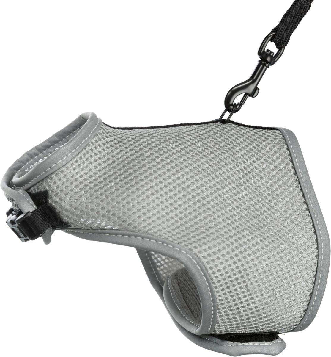 Graues, atmungsaktives Hundegeschirr mit einem schwarzen Karabinerhaken und verstellbarem Verschluss.