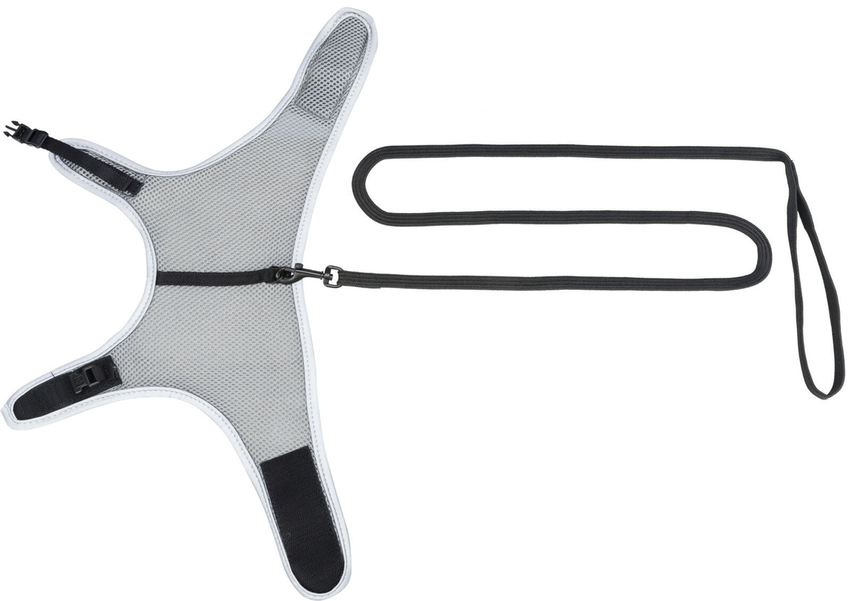 Grau-schwarzes Geschirr mit Schnallen und langer Leine, vermutlich für Haustiere wie Hunde.