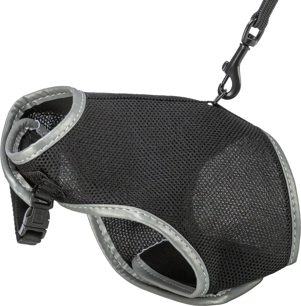 Schwarzes, atmungsaktives Hundegeschirr mit grauem Rand und Sicherheitsverschluss, befestigt an einem Karabiner.