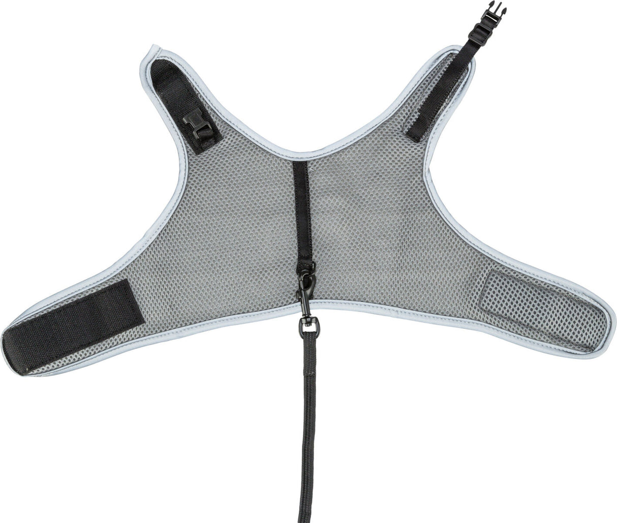 Graues, netzartiges Sicherheitsgeschirr mit Riemen und Schnallen, geeignet zum Sichern oder Transportieren.