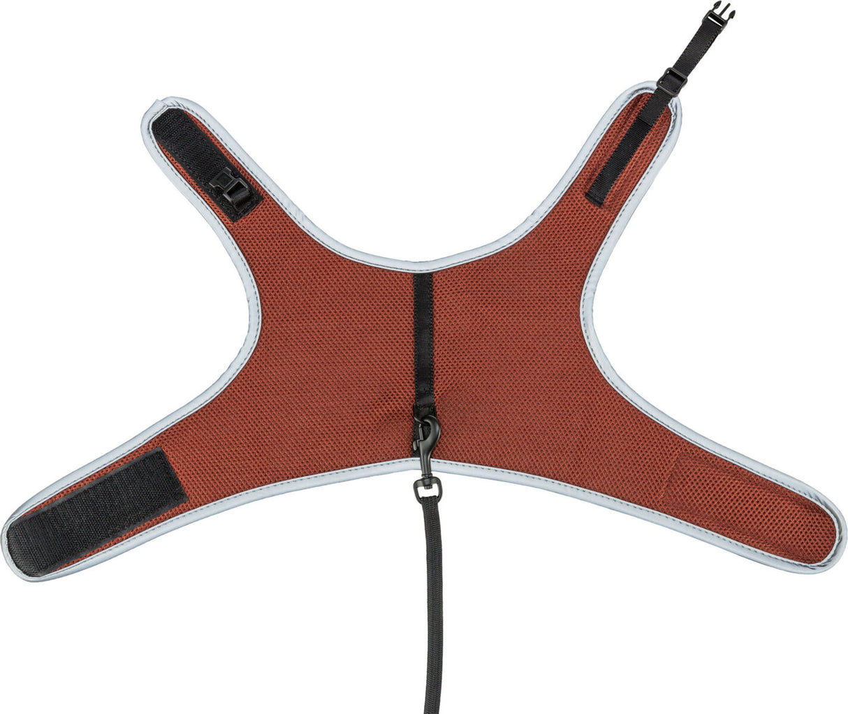 Braunes, sternförmiges Geschirr mit schwarzen Riemen und Hakenverschlüssen.