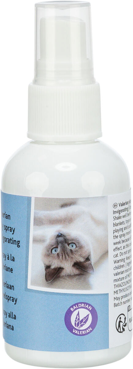 Sprühflasche mit einem Bild einer Katze, blauem Etikett und dem Text "BALDRIAN VALERIAN".