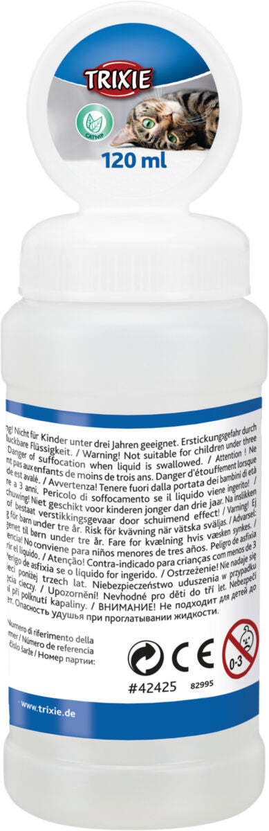 Durchsichtige Flasche mit weißem Deckel, Etikett zeigt eine Katze, das Wort "TRIXIE", Catnip-Symbol und 120 ml.