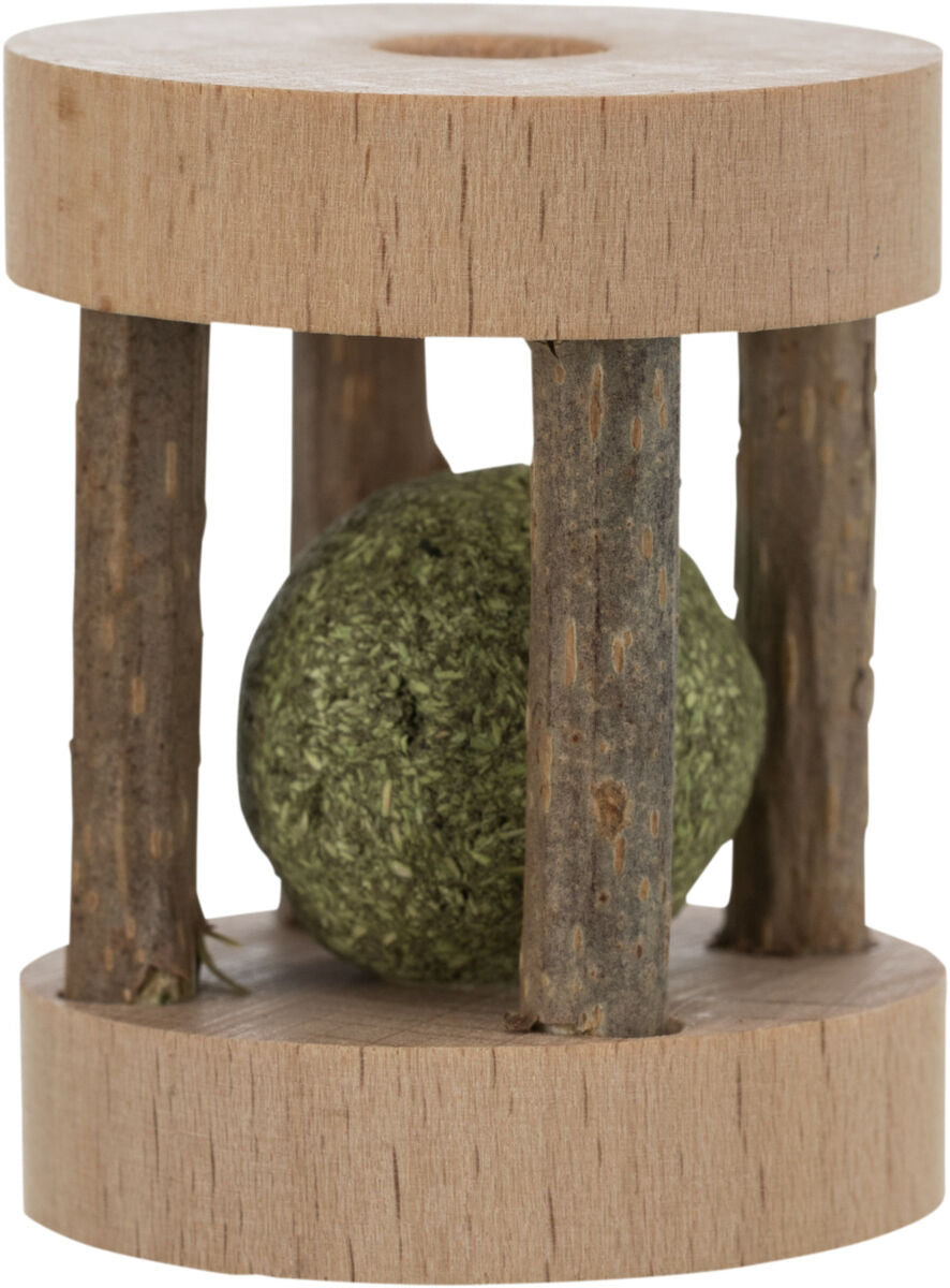 Holzspielzeug mit grüner Ballkugel in der Mitte, umgeben von vier Holzstäben auf zwei runden Platten.
