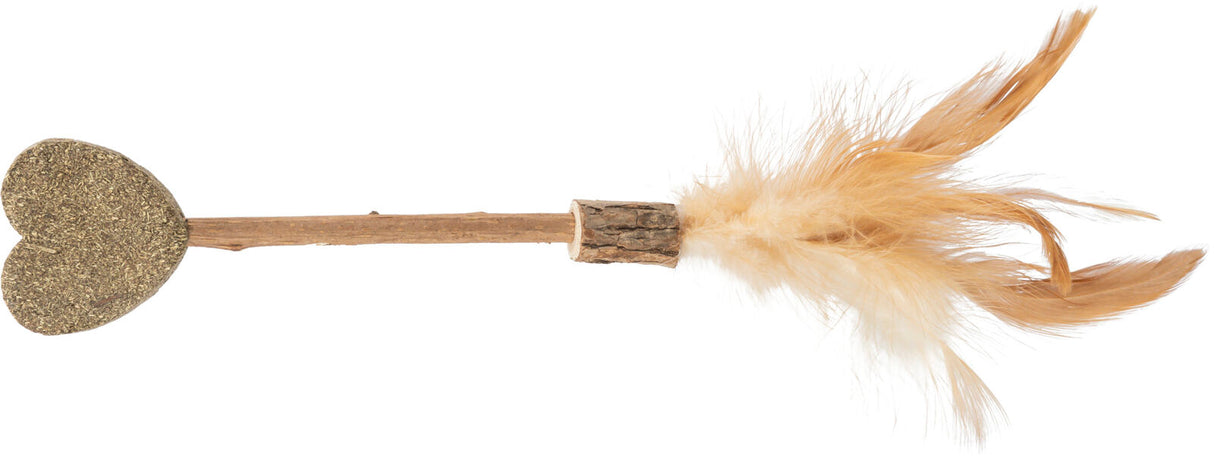 Stock mit herzförmigem Ende aus pflanzlichem Material und beigem Federbüschel an der Spitze.