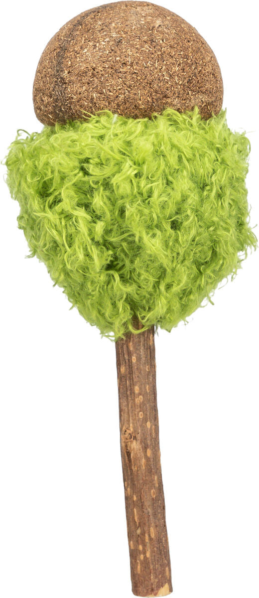 Ein Stock mit grünem, flauschigem Material und brauner, körniger Kugel an der Spitze, ähnlich einer Minibürste.