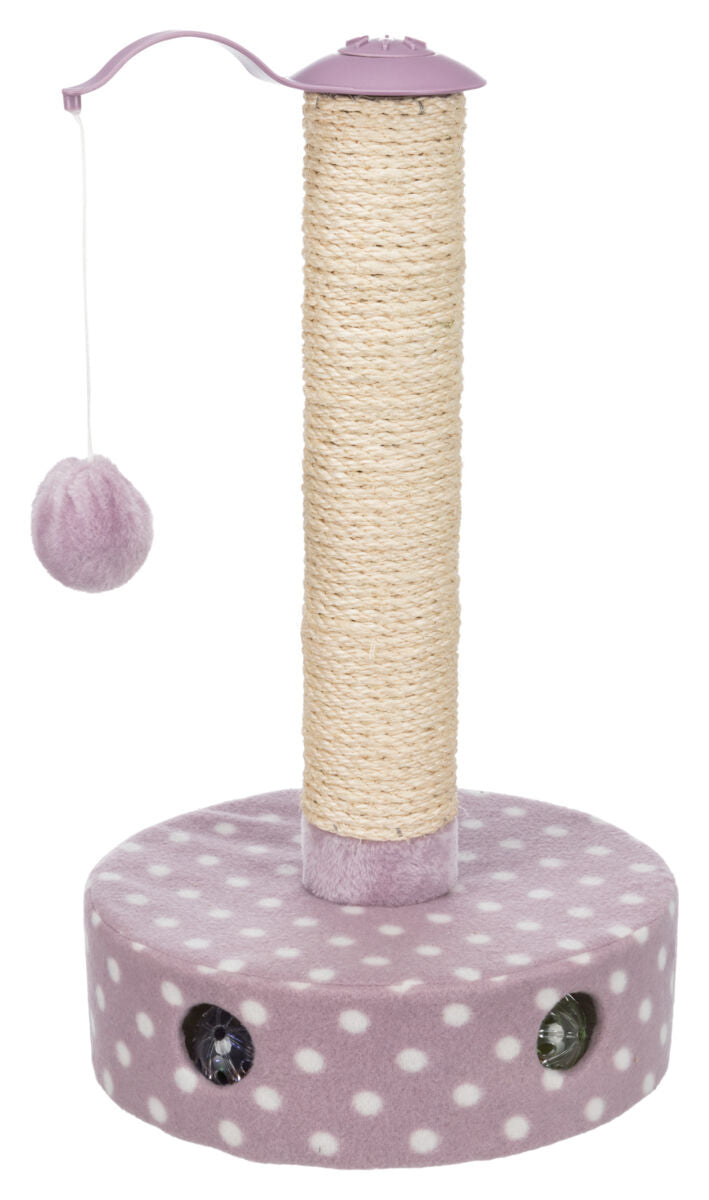 Kratzbaum mit Sisalsäule, lila Punkte auf der Basis, Plüschball an Schnur, Löcher mit sichtbaren Bällen.