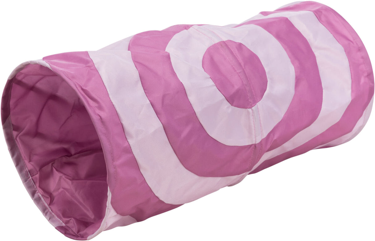 Rosa Tunnel mit weißen Spiralmustern aus Stoff, seitlich liegend, ohne sichtbare Öffnungen oder Details.