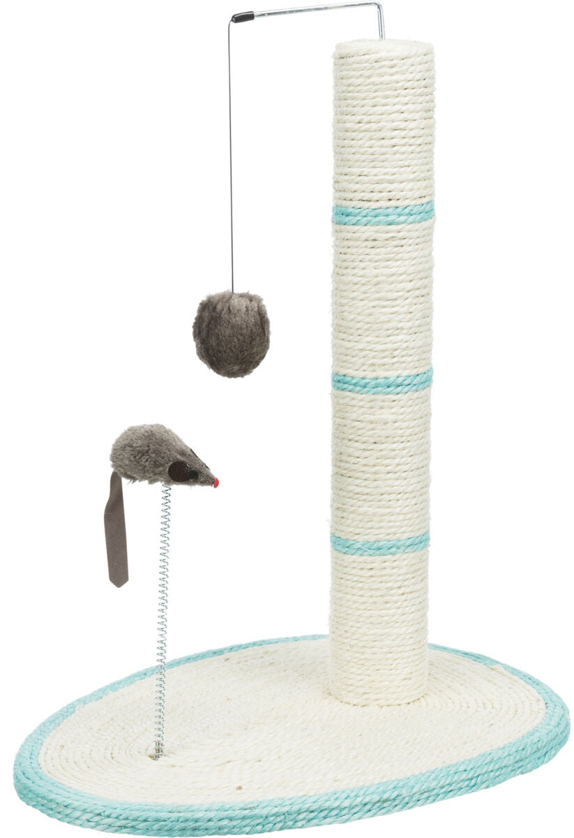Kratzbaum mit weißem Sisal-Stamm und drei blauen Streifen, Spielzeugmaus und Fellball an beweglichen Halterungen.