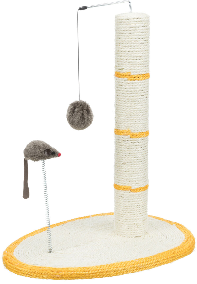 Kratzbaum mit hellem Sisalstamm und ovaler Basis mit gelbem Rand, inklusive hängender Kugel und Spielzeugmaus.