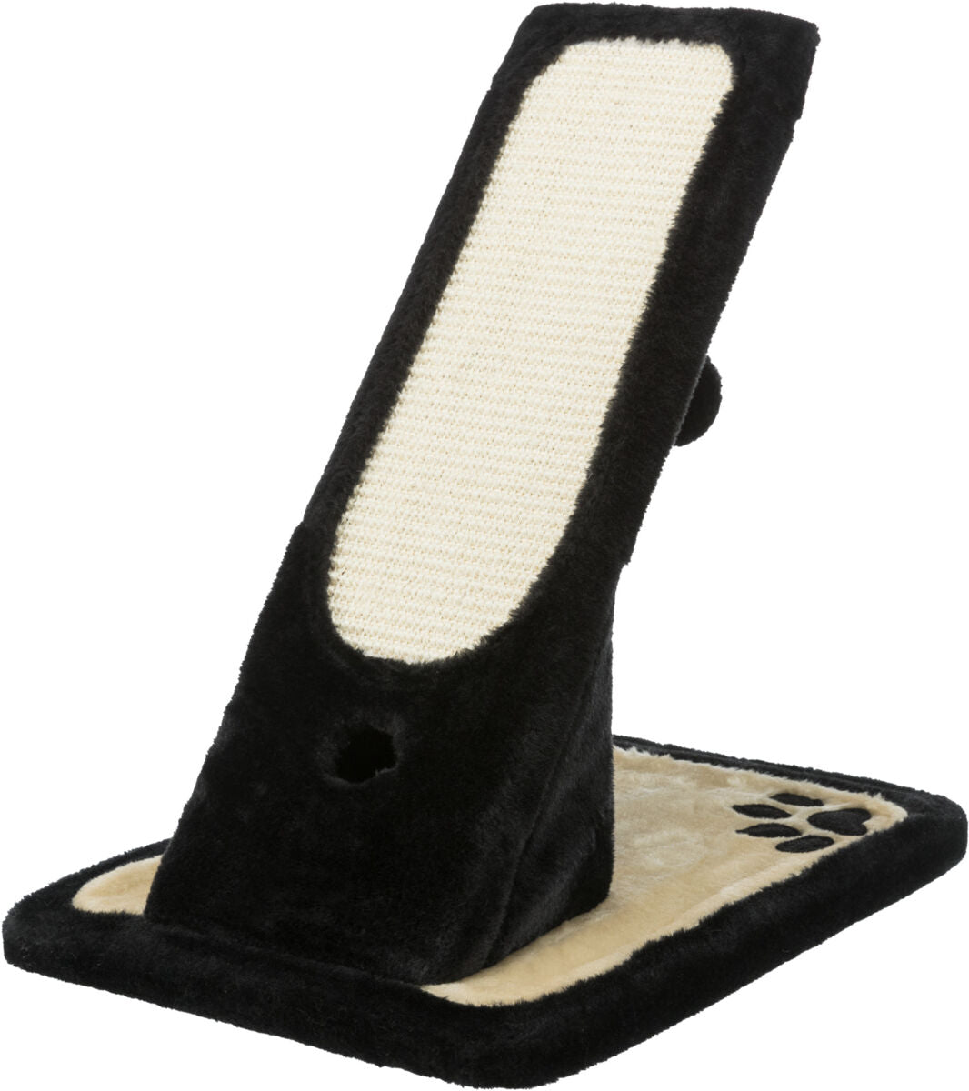 Schwarzes Kratzbrett mit beigem Kratzbereich auf rechteckigem Sockel mit Pfotenmuster.