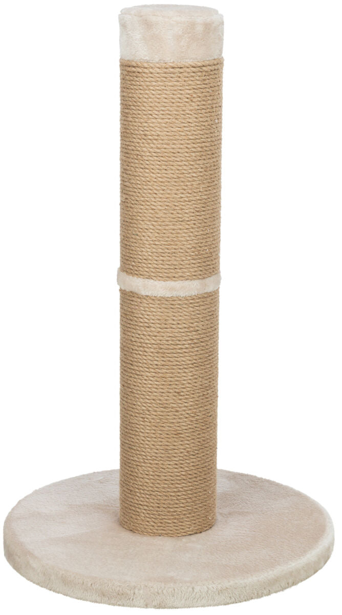 Kratzbaum aus beigem Sisal mit runder Basis aus weichem Material, vertikaler zylindrischer Stamm.