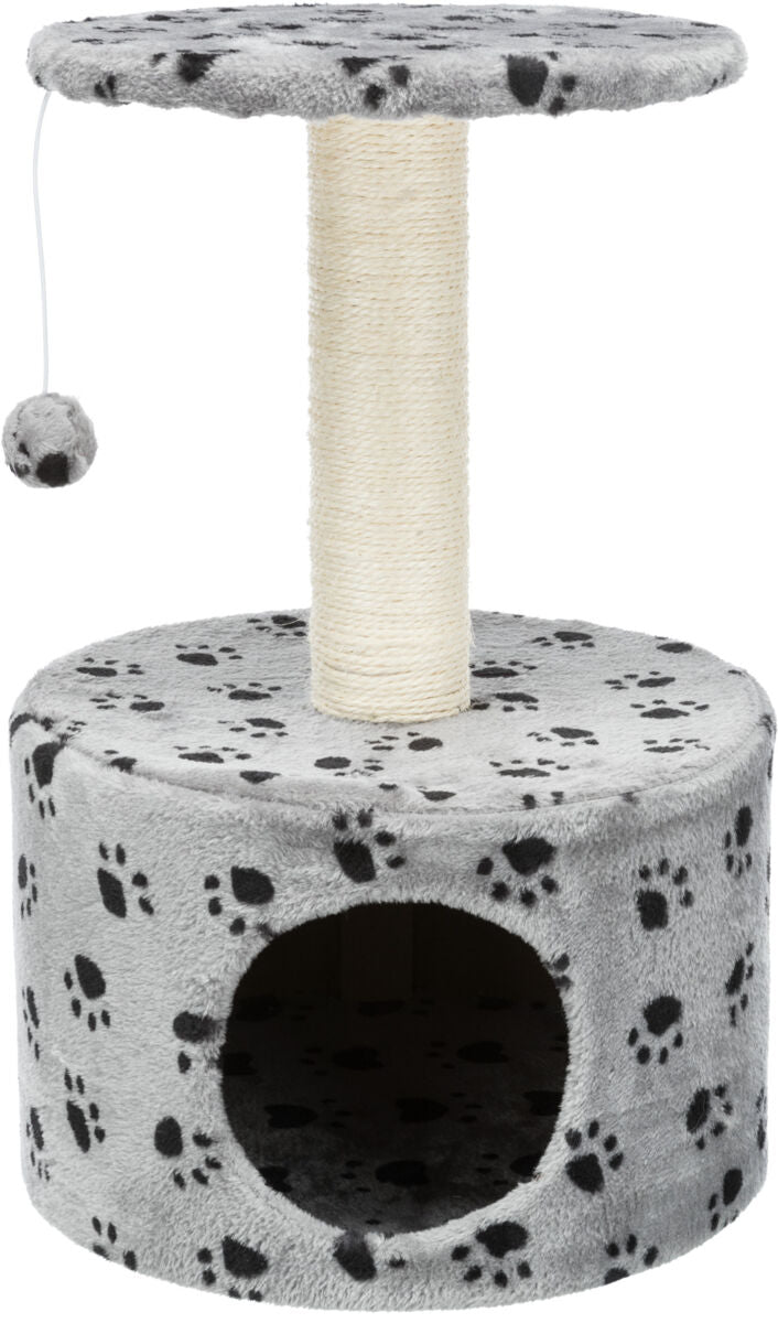 Kratzturm mit grau-schwarzem Pfotenmuster, Sisalsäule und Spielball, runde Höhle im unteren Bereich.
