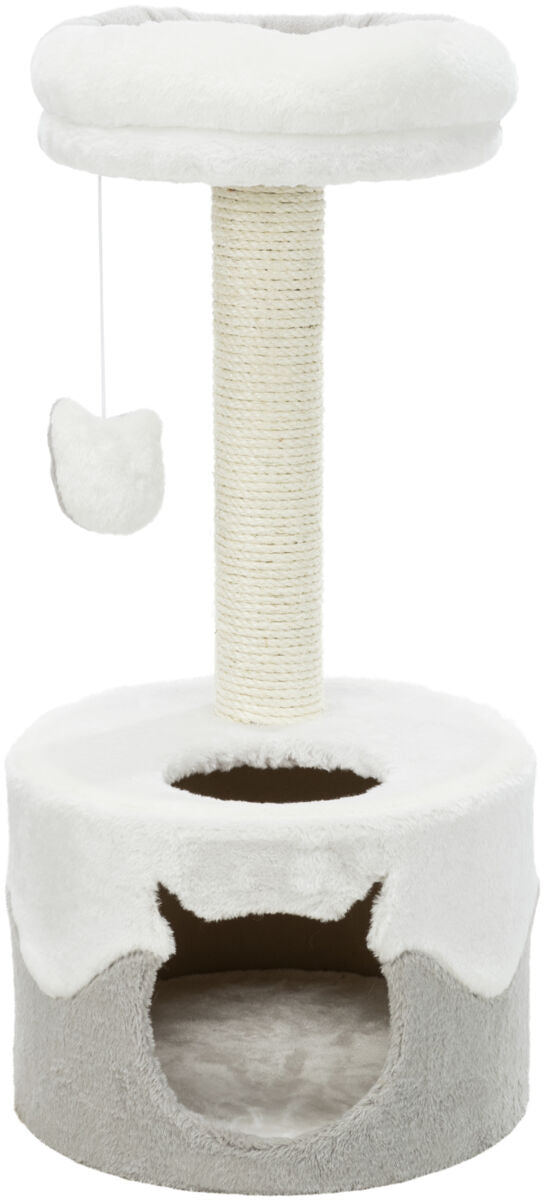 Kratzbaum mit beige Sisalstamm, oben runde Plattform mit Plüschrand, unten graue Höhle und hängendes Spielzeug.