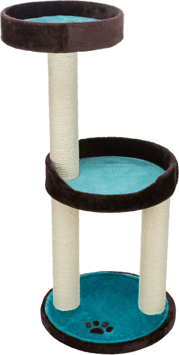 Katzenkratzbaum mit zwei türkisfarbenen Liegeflächen und drei beigefarbenen, mit Sisal umwickelten Kratzsäulen.