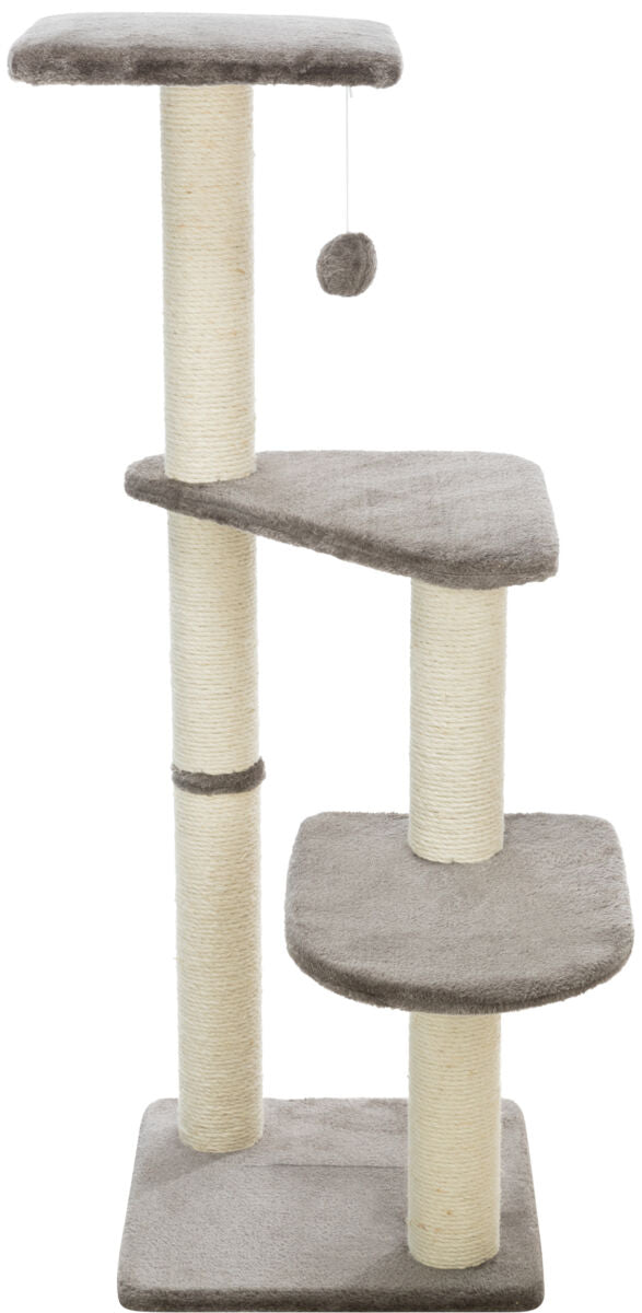 Kratzbaum mit drei Plattformen und einem hängenden Ball, graue Oberflächen und beige Säulen mit Sisal umwickelt.