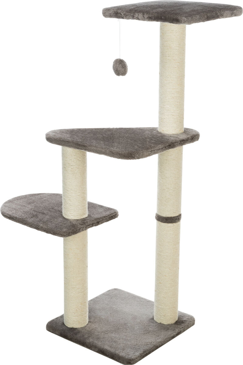Kletterbaum für Katzen mit drei mit grauem Stoff bezogenen Ebenen, Kratzpfosten und hängendem Spielzeug.