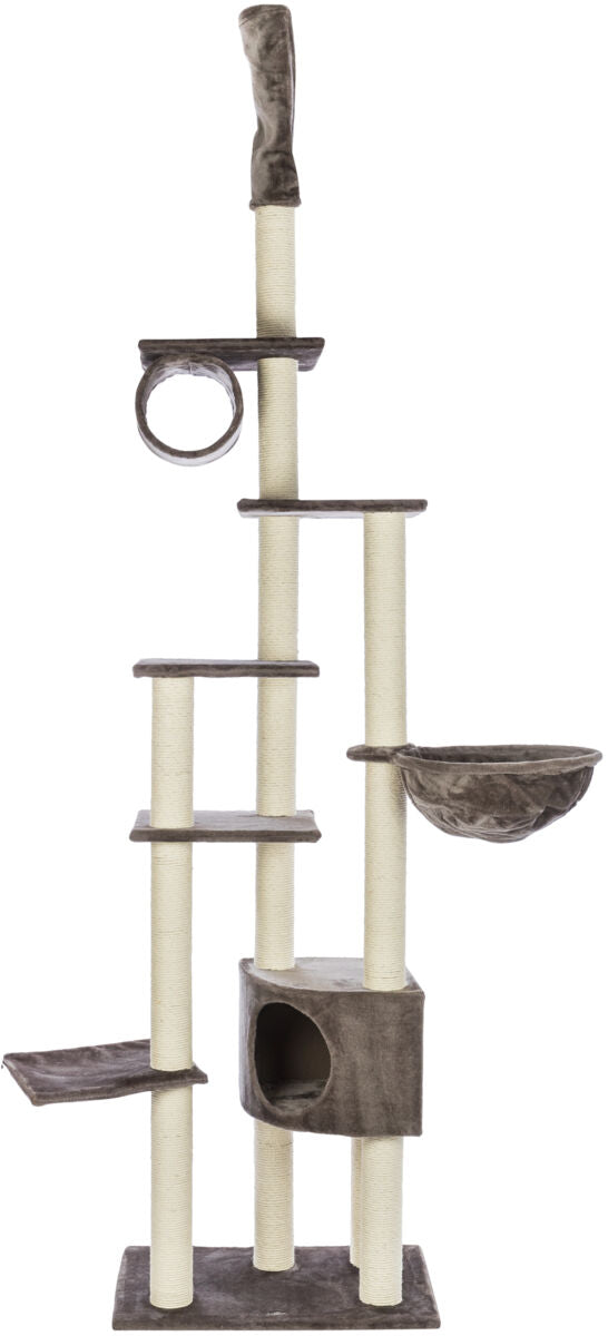 Hoher Kratzbaum mit mehreren Plattformen, einem Hängematteelement, einem Tunnel und einem gemütlichen Häuschen.