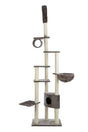 Großer, mehrstufiger Kratzbaum mit Säulen, Plattformen, Höhle und Körbchen, in Grau und Beige gehalten.