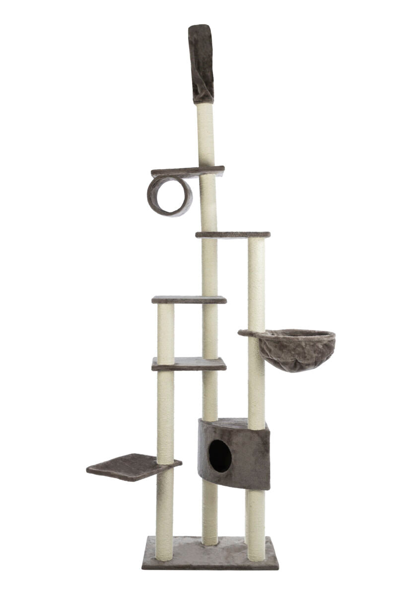 Großer, mehrstufiger Kratzbaum mit Säulen, Plattformen, Höhle und Körbchen, in Grau und Beige gehalten.