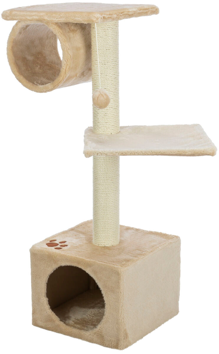 Beige Katzenkratzbaum mit zwei Ebenen, einem Tunnel, einem Hängespielzeug und einer Höhle mit Tatzenmuster.