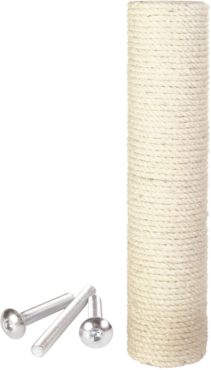 Ein beige umwickelter Pfosten aus Sisal mit zwei silbernen Schrauben liegt daneben auf einem weißen Hintergrund.