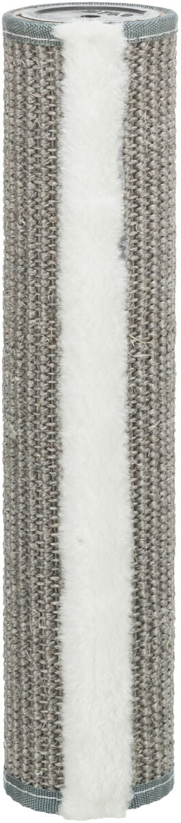 Zylindrischer Kratzbaum mit grober, grauer Struktur und einem weißen, flauschigen Streifen in der Mitte.