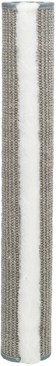 Zylinderförmiger Gegenstand mit grauer, gewebter Oberfläche und einem weißen, vertikalen Streifen in der Mitte.